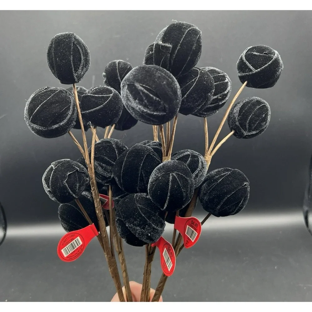 Black Velvet Ball Pick Artificial Floral Stem Deco Floral NEW ~ Set of 5 Stems